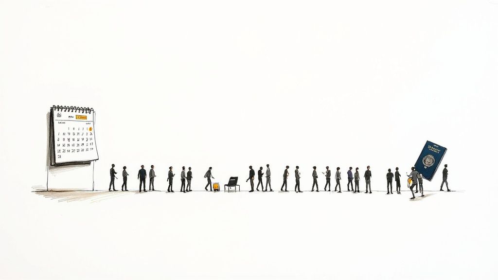 A frustrated person looking at a calendar, symbolizing long visa wait times.