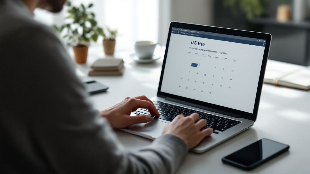 A person looking at a calendar on a laptop, planning their US visa appointment.