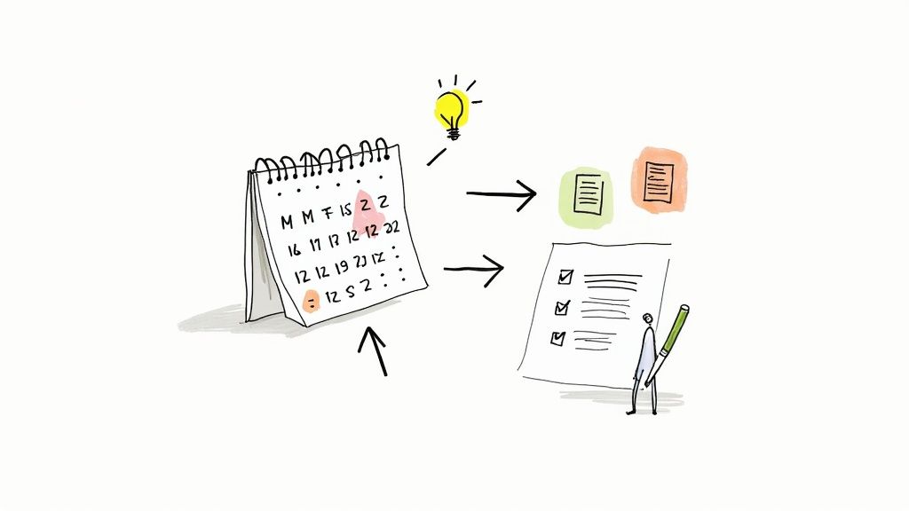 A person organizing travel documents on a desk with a laptop and passport visible.