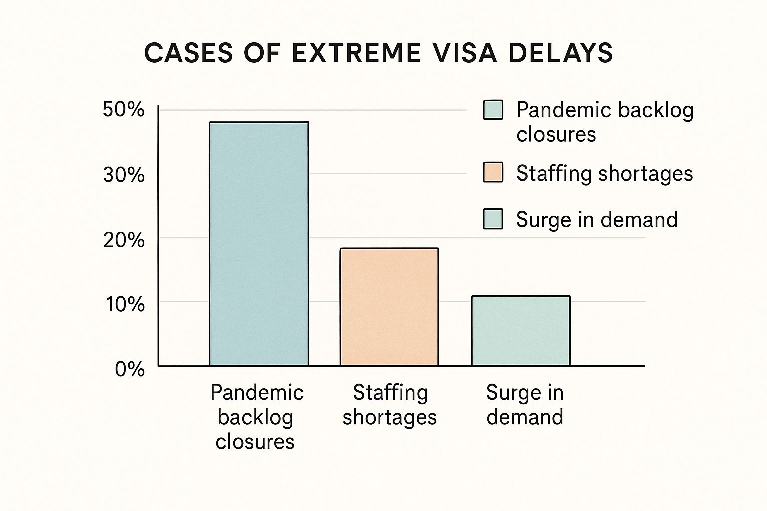 Infographic comparing the main causes of US visa appointment wait times, showing the pandemic backlog as the largest factor, followed by staffing shortages and a surge in demand.