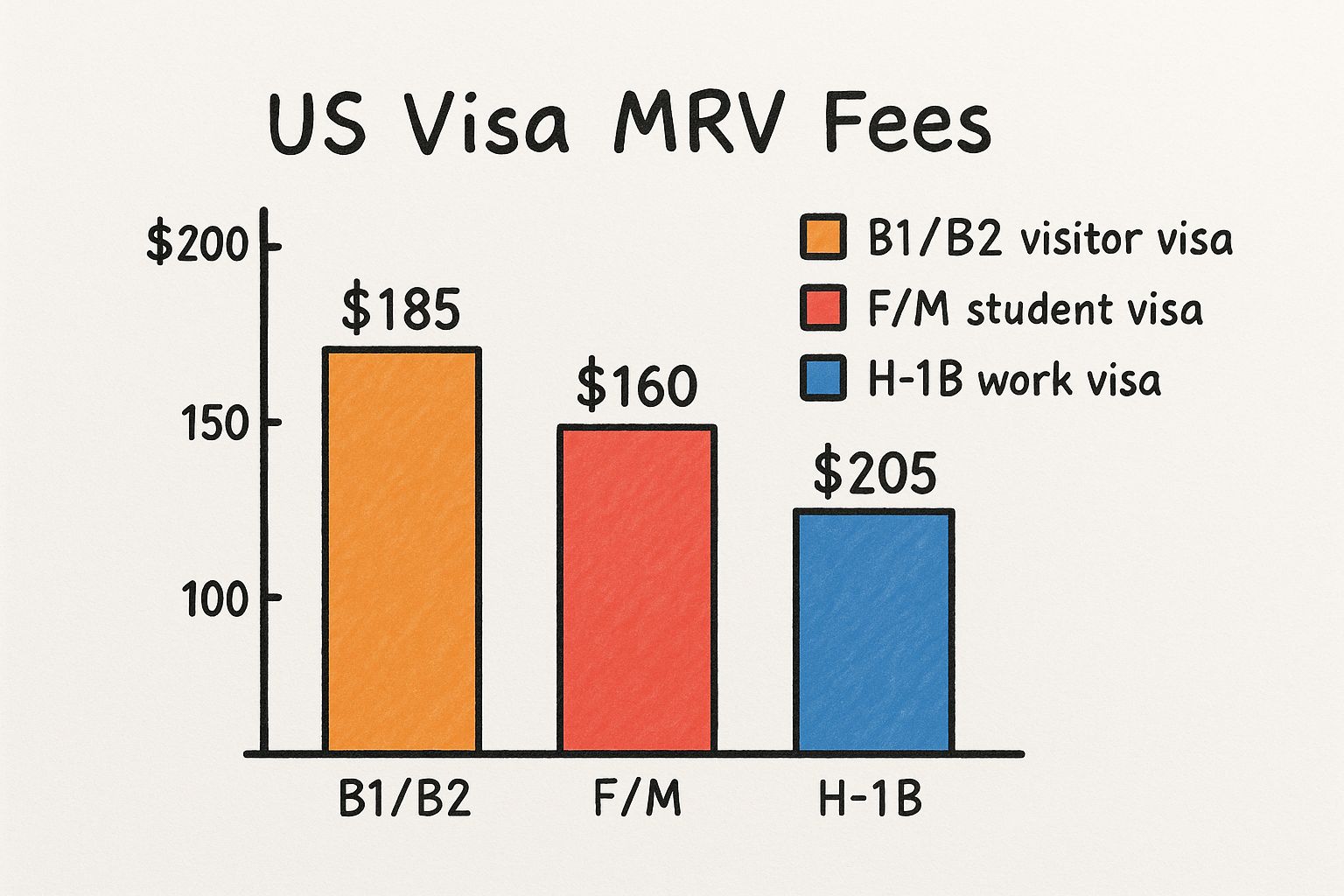 Infographic comparing the MRV fees for B1/B2 visitor visas, F/M student visas, and H-1B work visas.