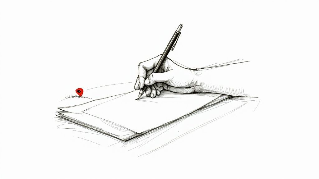 A person writing a letter at a desk, with a laptop and coffee nearby.