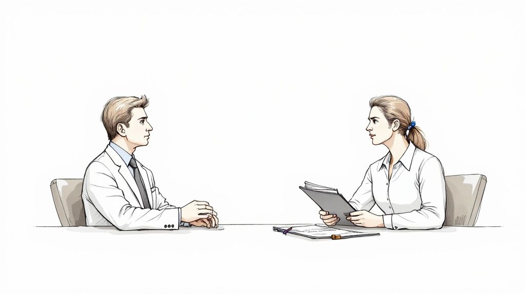 An applicant speaking confidently with a consular officer in a U.S. embassy.