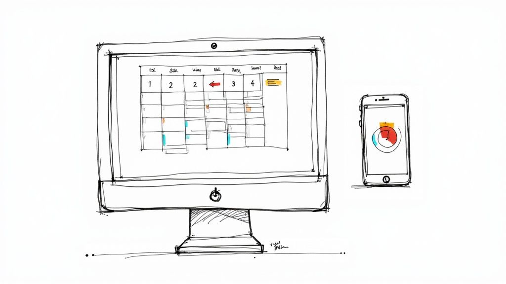 A calendar with a magnifying glass over it, representing the search for US visa interview dates.