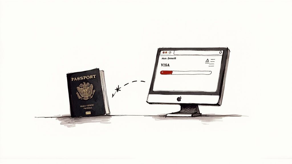 A person holding a passport and looking at a laptop screen.