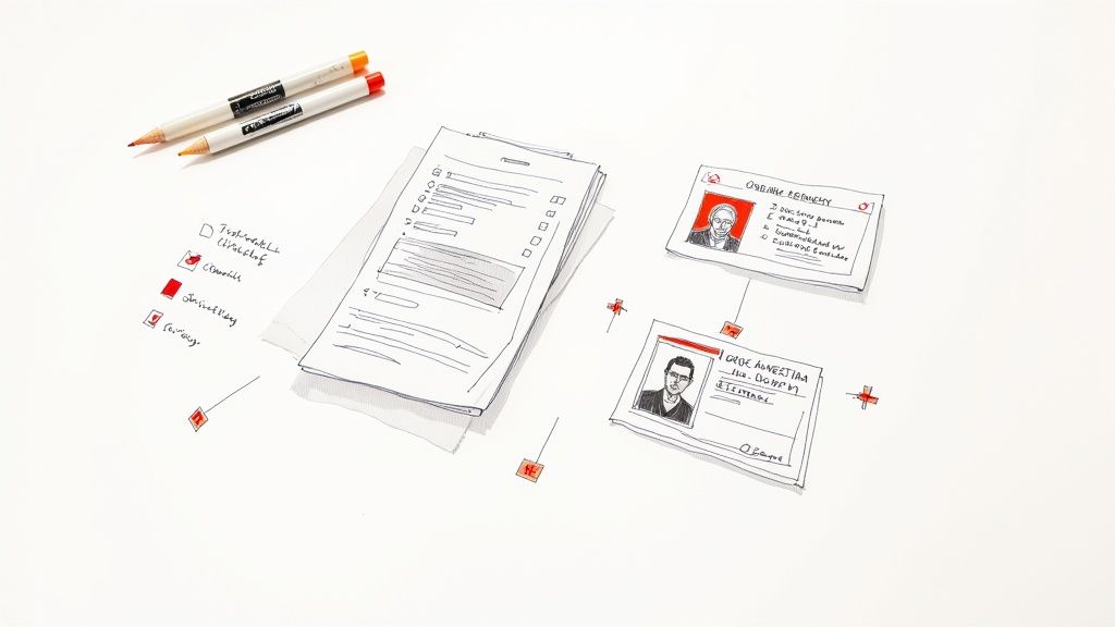 A close-up of a person's hands holding a passport and another government-issued ID card over a desk.