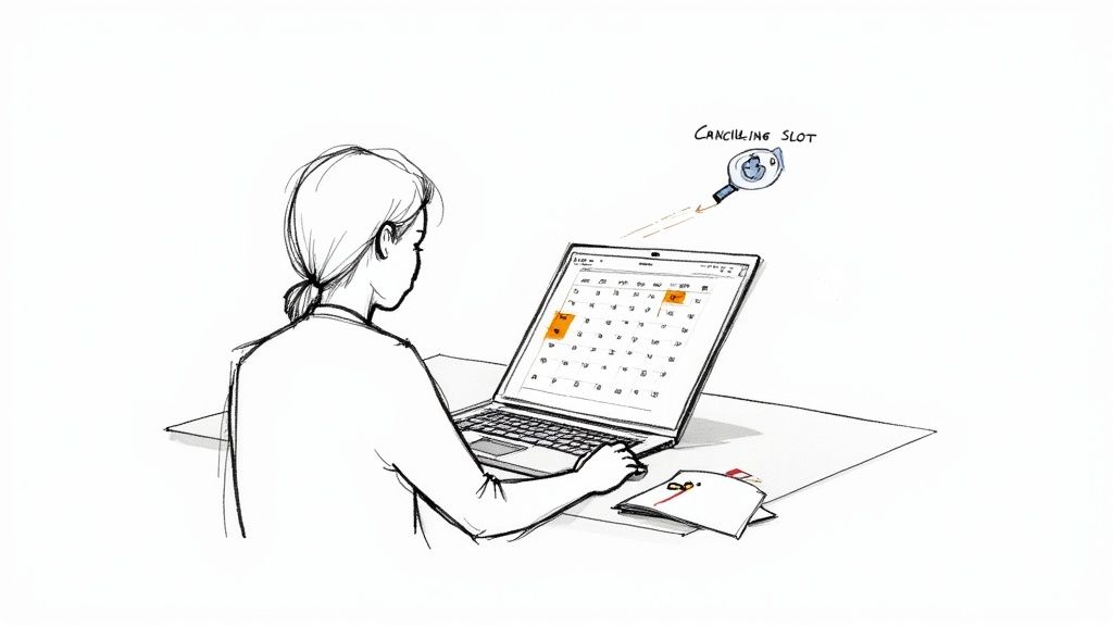 A person using a laptop to check for US visa appointment availability.