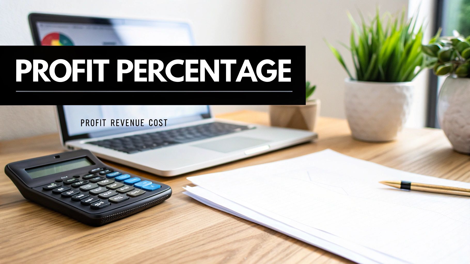 A desk setup with a laptop showing a chart, calculator, papers, pen, and potted plants, displaying 'PROFIT PERCENTAGE' text.