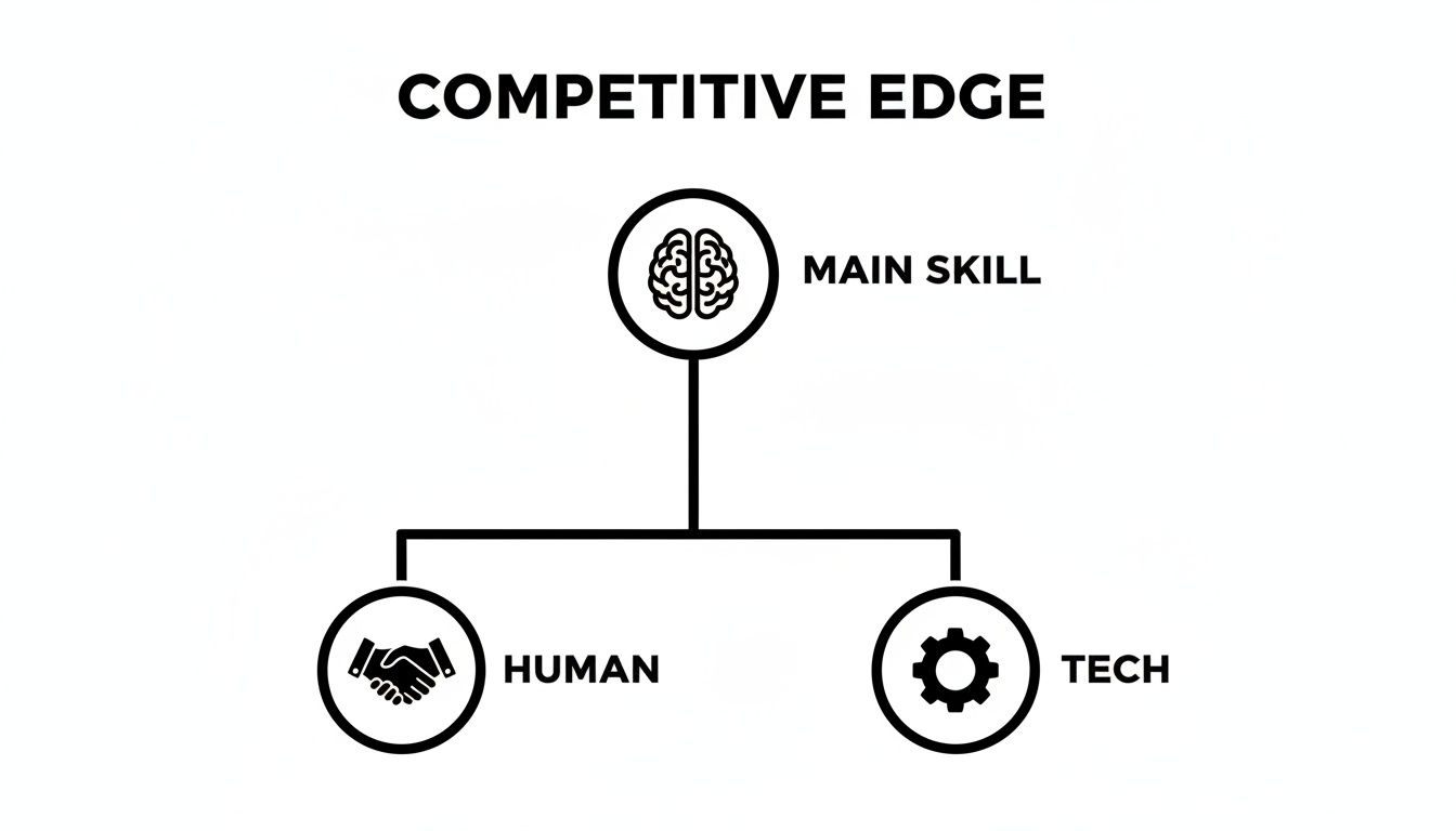 A diagram titled 'Competitive Edge' showing 'Main Skill' (brain icon) leading to 'Human' (handshake) and 'Tech' (gear).