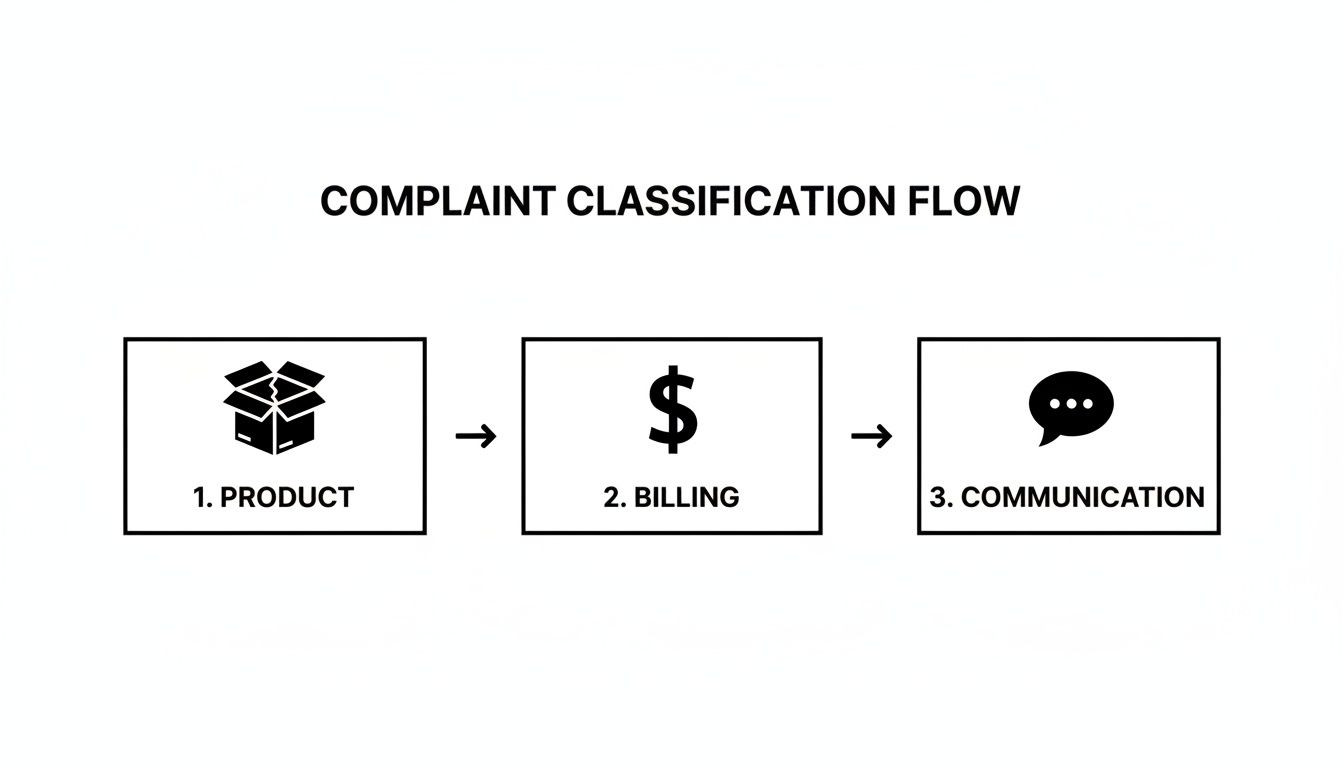 Flowchart illustrating the classification of customer complaints into product, billing, and communication categories.