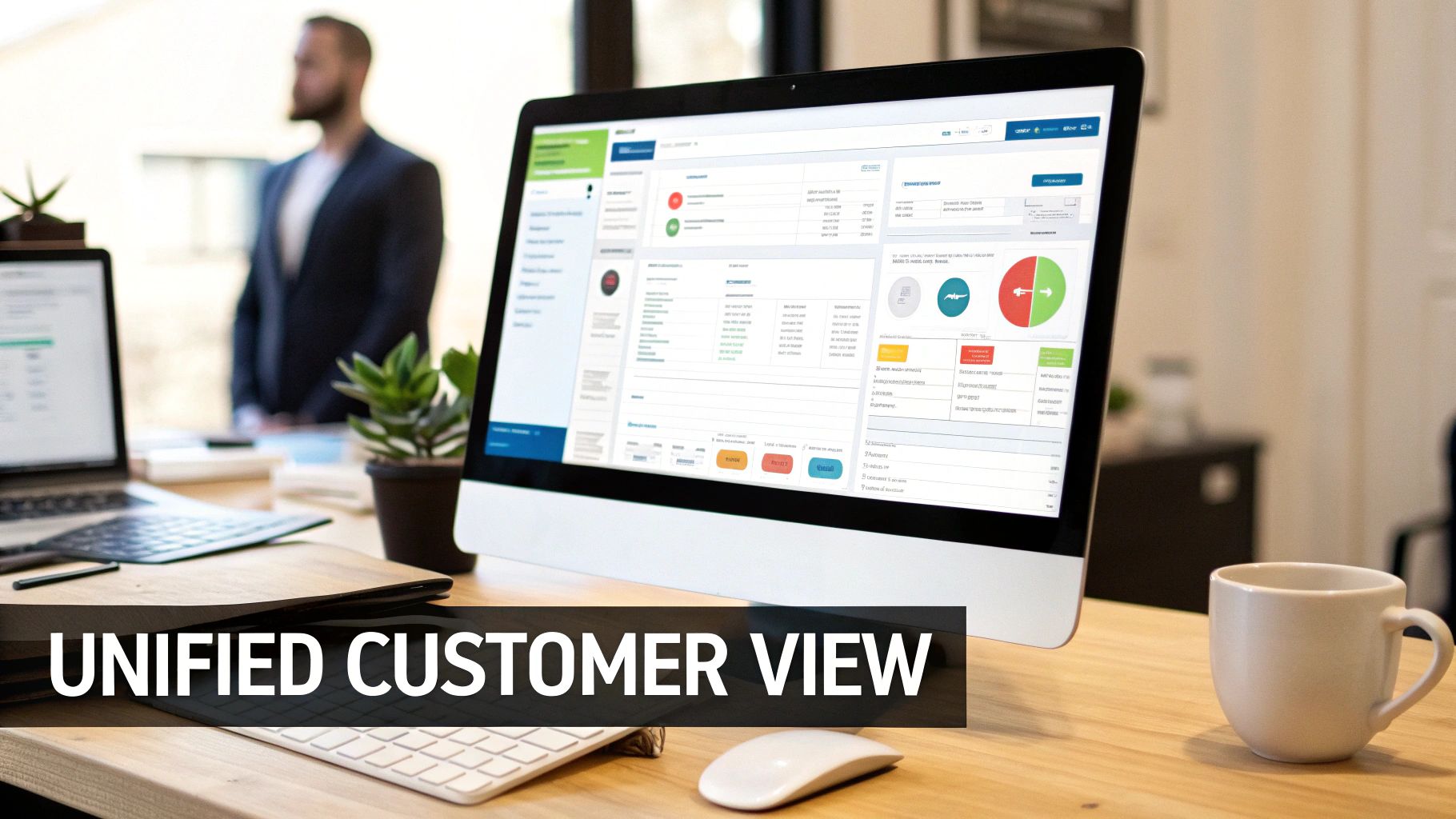 A professional workspace featuring a large monitor displaying a unified customer view dashboard, laptop, and coffee mug.
