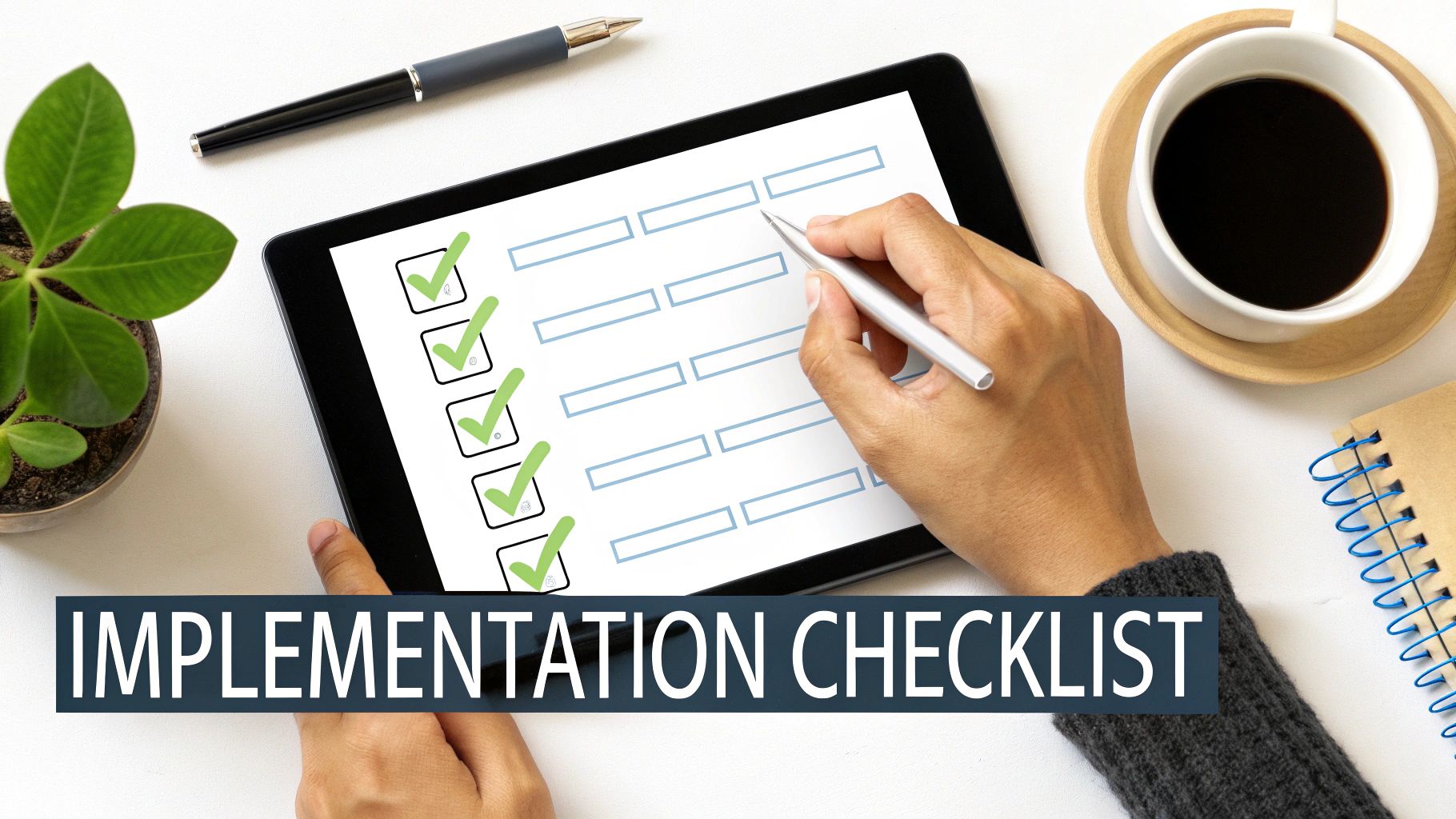 Overhead view of hands completing an implementation checklist on a tablet with a stylus.