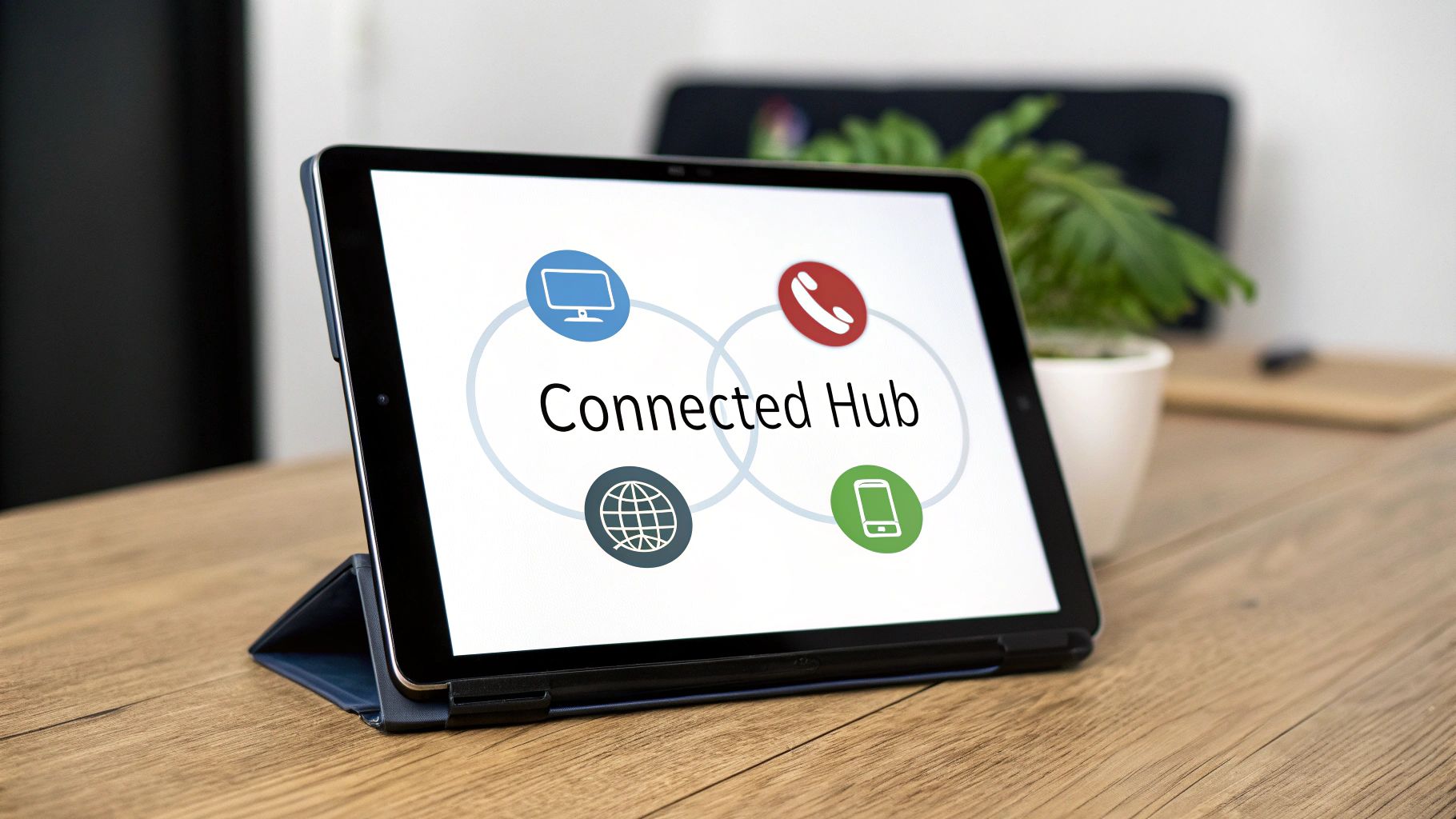 A tablet on a wooden desk displays 'Connected Hub' with icons for computer, call, globe, and mobile.