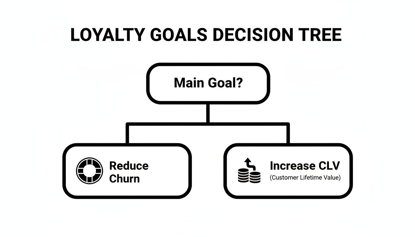 A loyalty goals decision tree illustrating the two main objectives: reducing churn or increasing customer lifetime value.