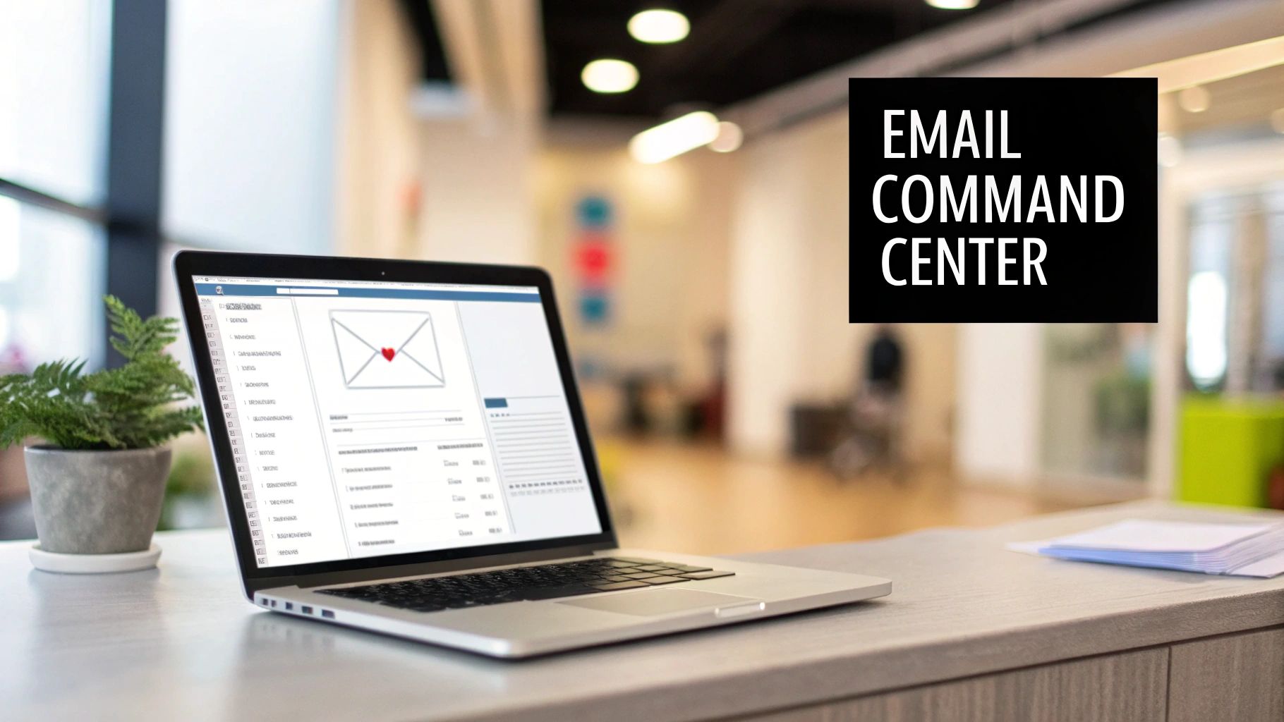 A laptop on an office desk showing an email interface with a heart icon and 'EMAIL COMMAND CENTER' text.