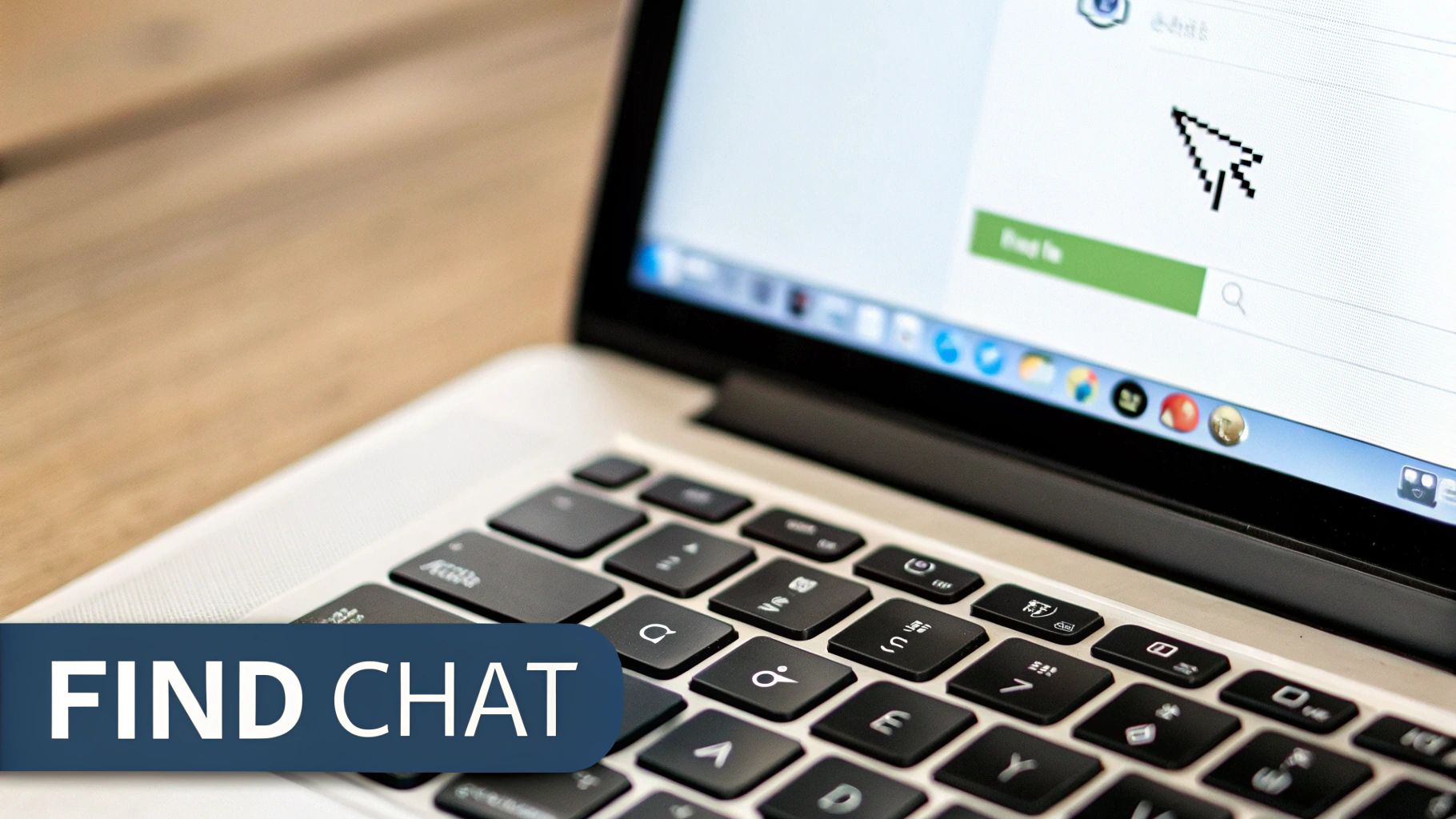 Close-up of a laptop displaying an online chat interface with a cursor, overlaid with a 'FIND CHAT' label.