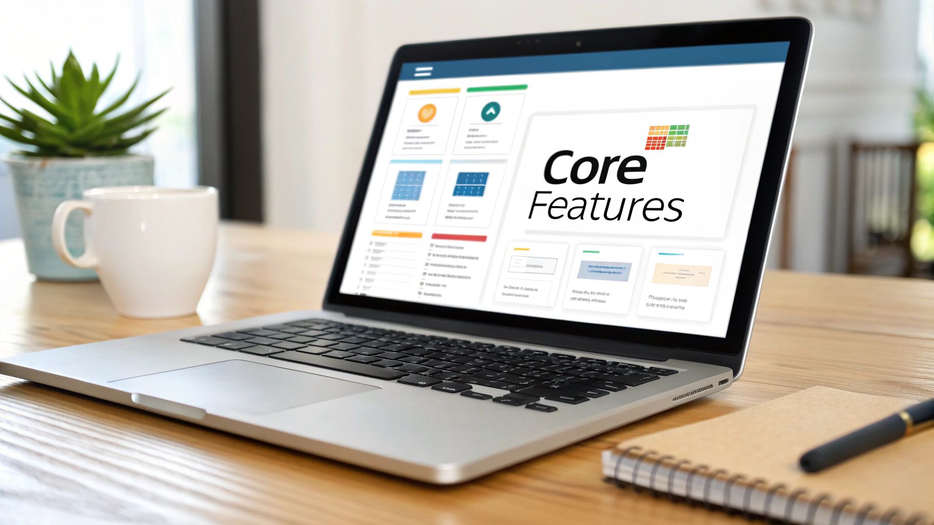 Laptop displaying client database software core features on screen, with a coffee mug and plant on a wooden desk.