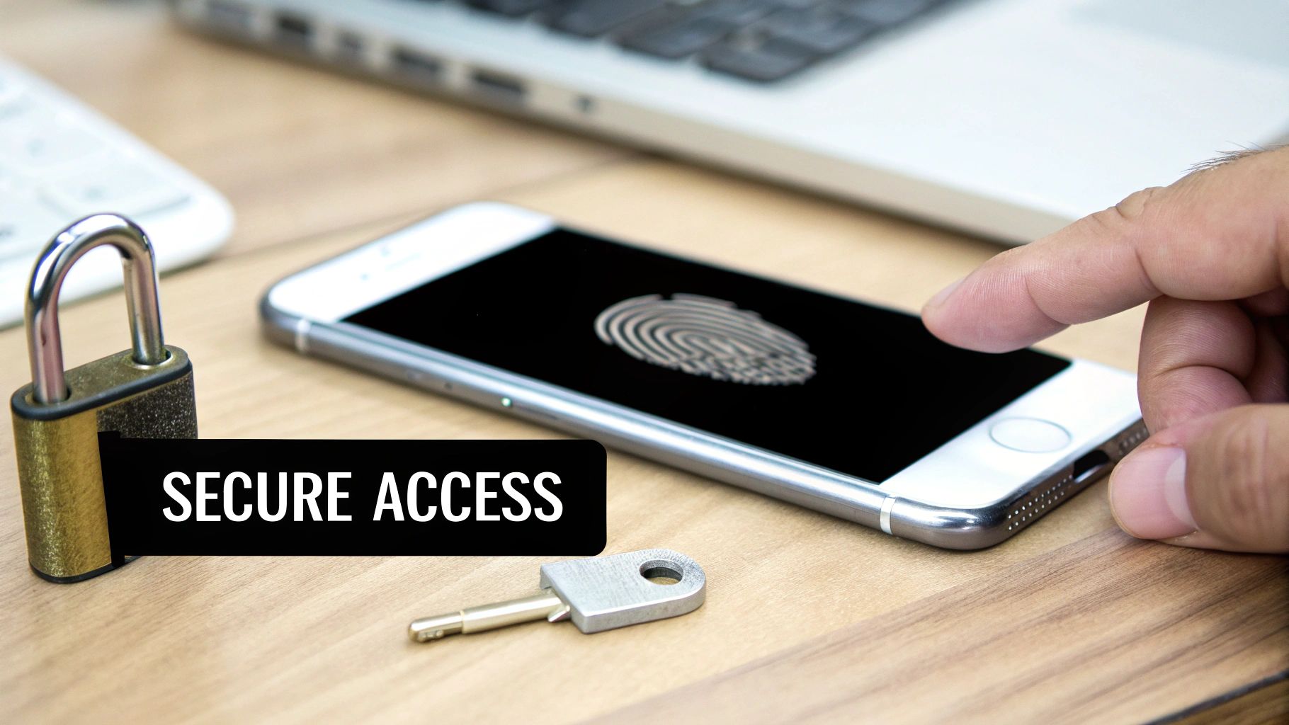 A hand uses a smartphone with a fingerprint icon on screen for secure access, next to a padlock and key.