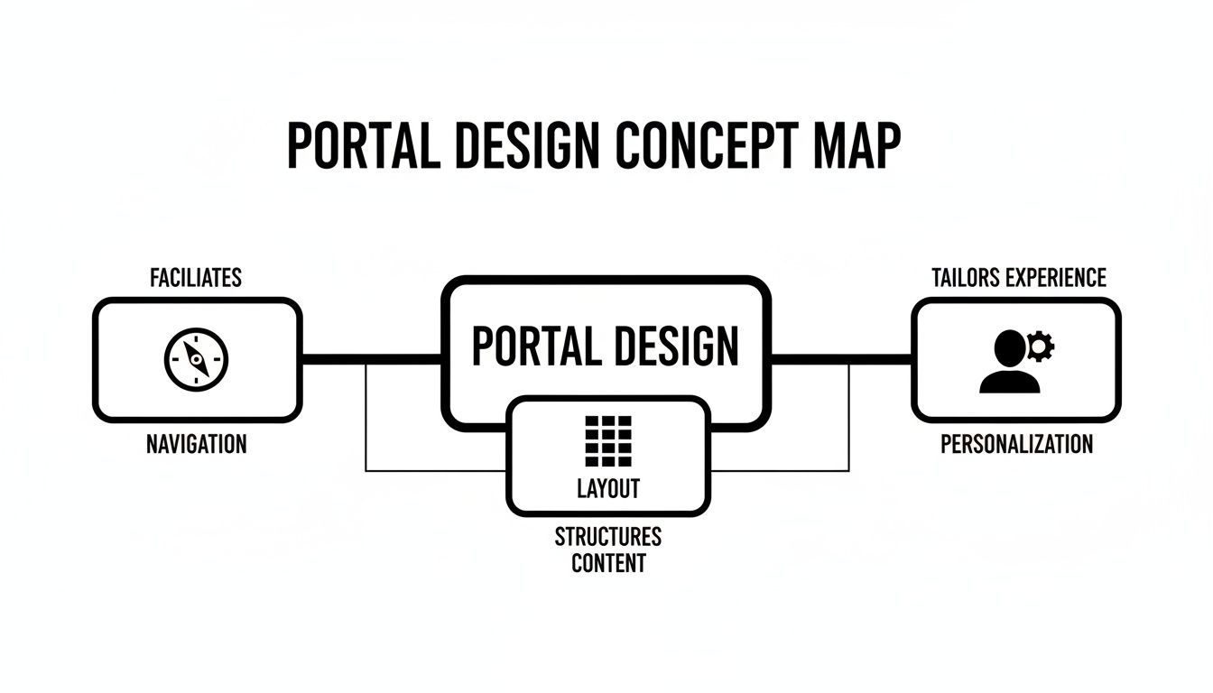 Concept map outlining portal design's core components: navigation, layout, and personalization.