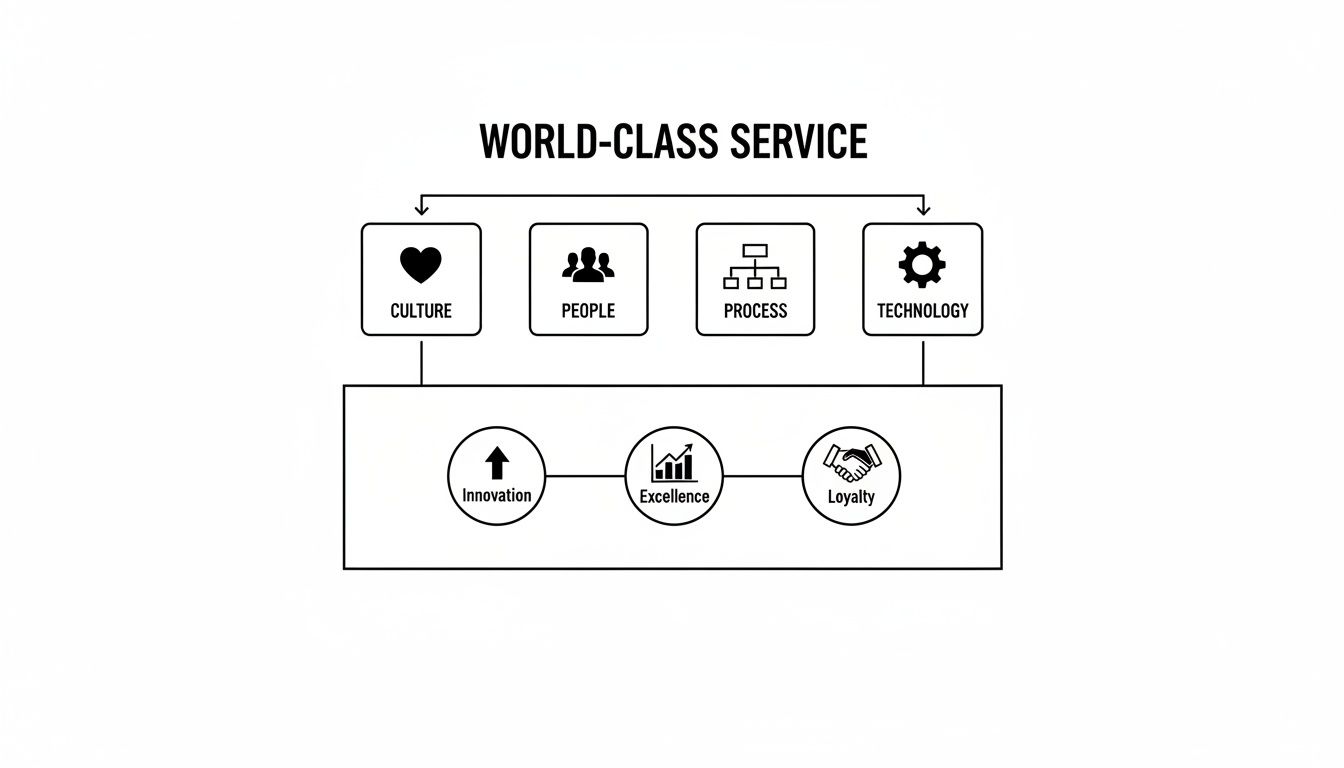 Diagram showing how culture, people, process, and technology lead to innovation, excellence, and loyalty for world-class service.