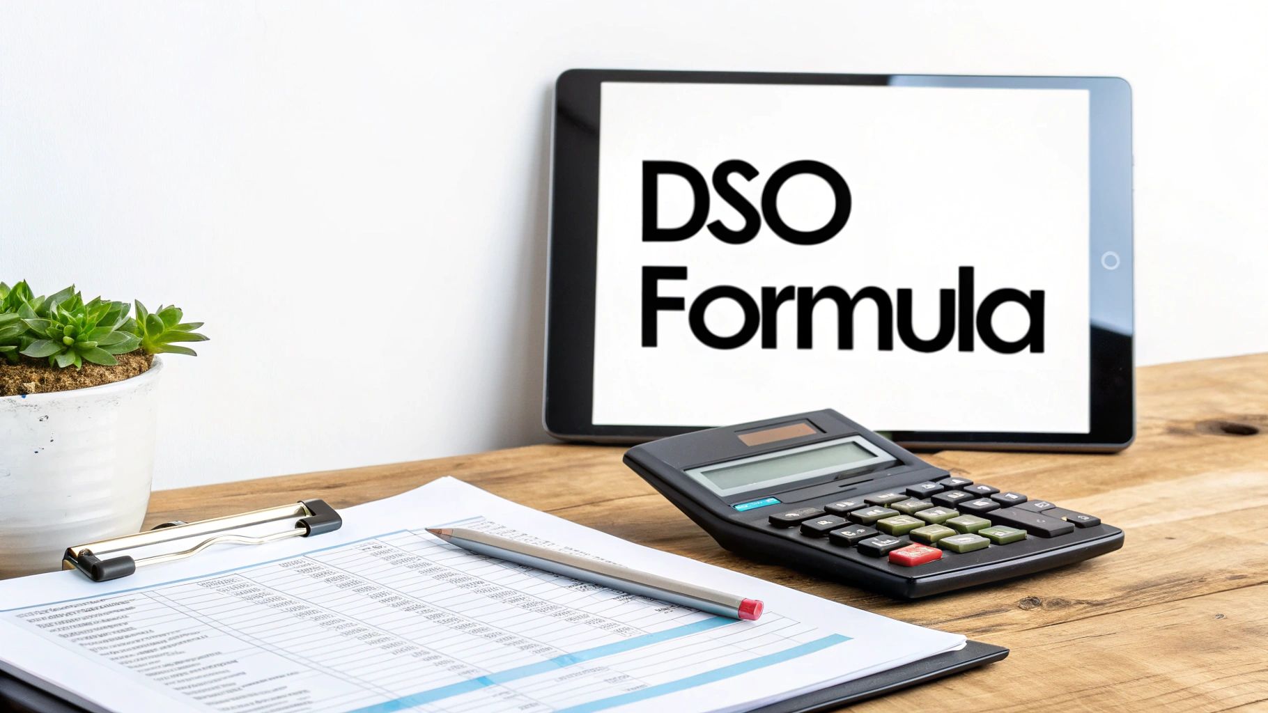 A financial workspace with a tablet showing 'DSO Formula', a calculator, and a spreadsheet on a wooden desk.