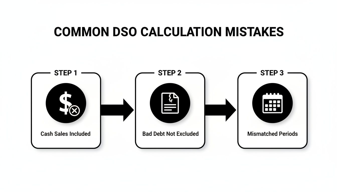 Diagram illustrating common Days Sales Outstanding (DSO) calculation mistakes: cash sales, bad debt, and mismatched periods.