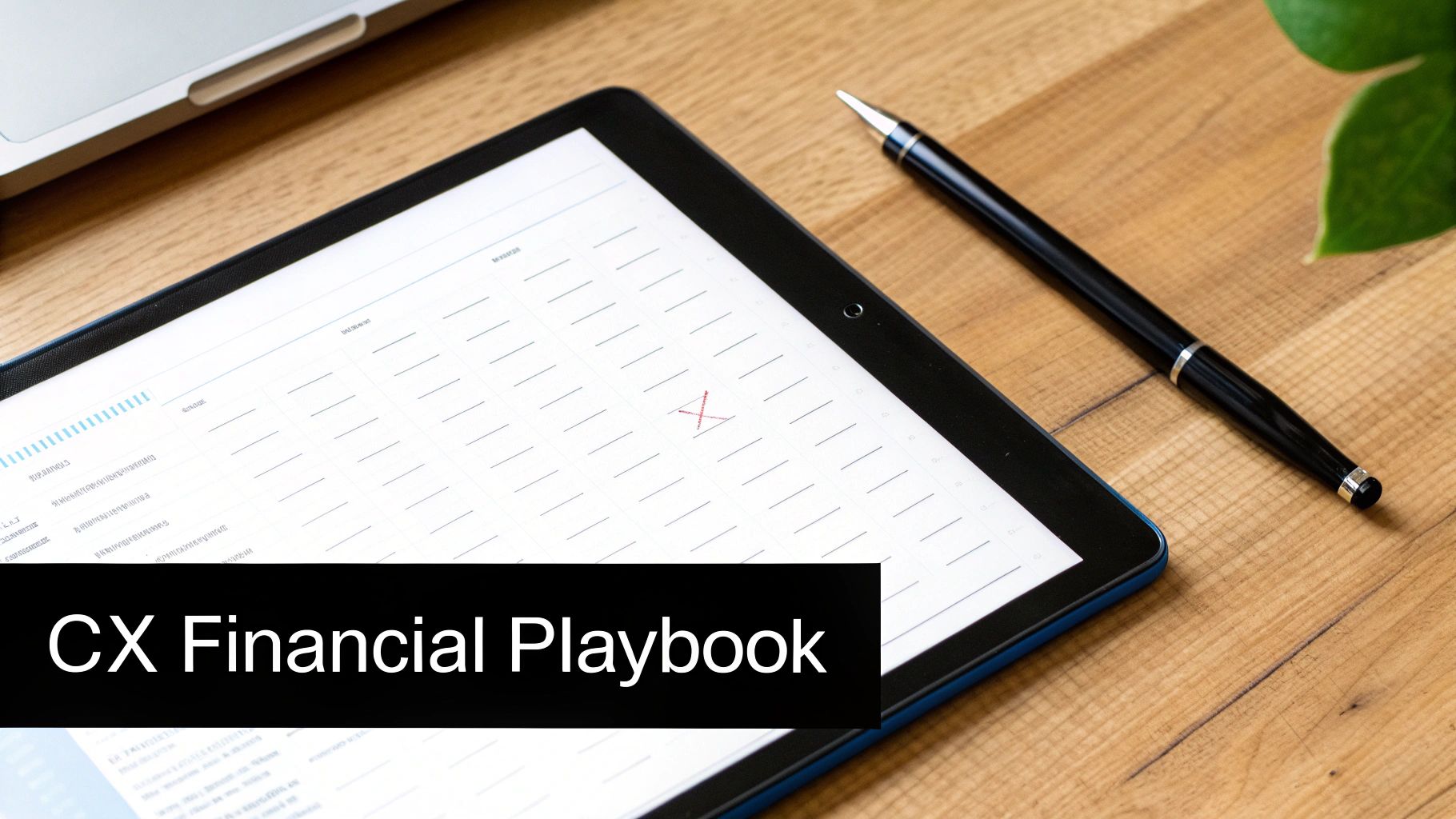 Digital tablet displaying a financial spreadsheet next to a stylus pen on a wooden desk.