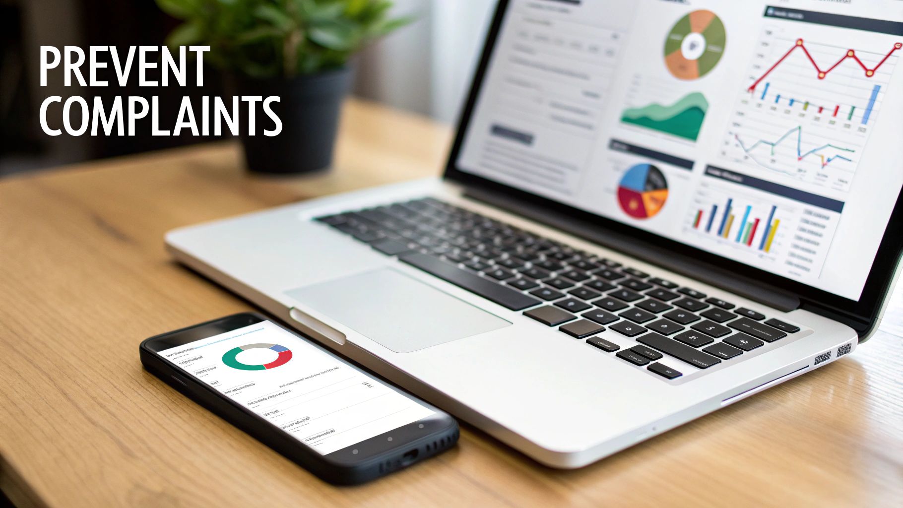 Laptop and smartphone displaying business analytics charts on a wooden desk, emphasizing data monitoring.