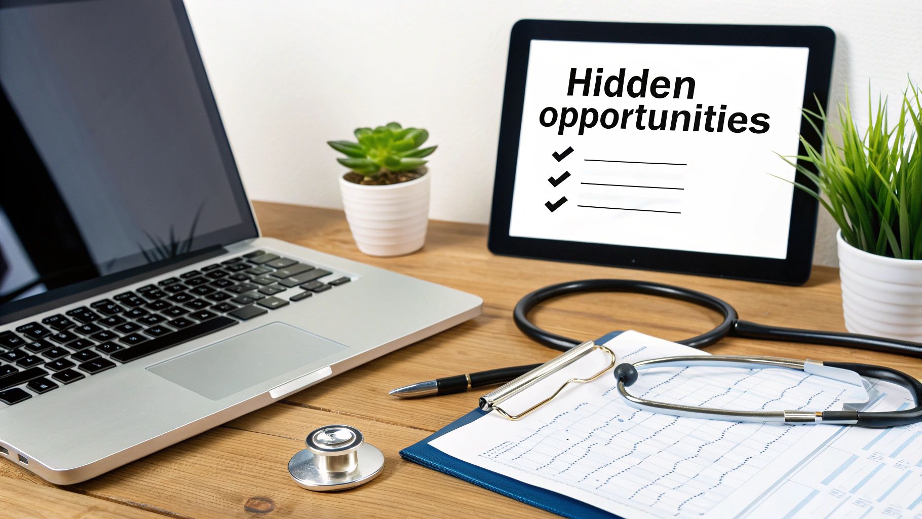 A medical professional's workspace featuring a laptop, tablet with 'Hidden opportunities', stethoscope, and charts.