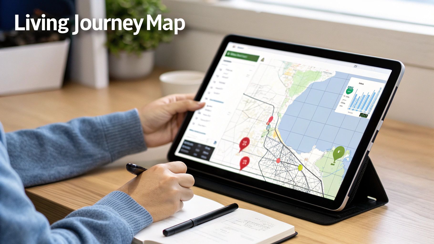 Person analyzing a digital journey map on a tablet while taking notes on a wooden desk.