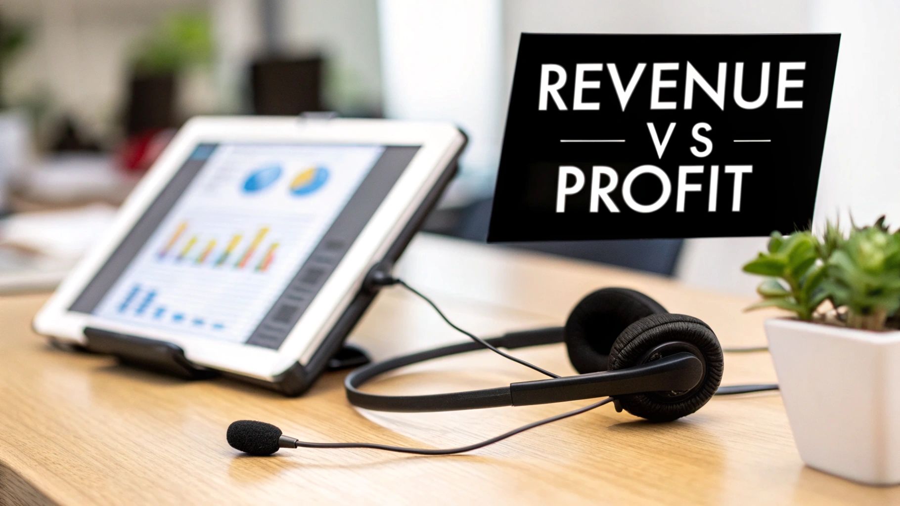 A tablet showing financial charts and graphs on a desk with a headset and a sign 'Revenue vs. Profit'.