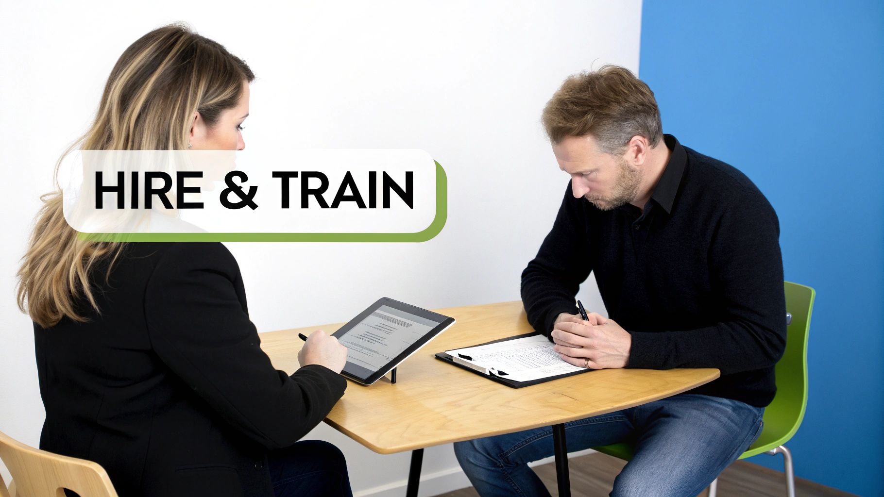 Two professionals reviewing documents at a desk, with 'HIRE & TRAIN' text overlay, symbolizing talent acquisition.