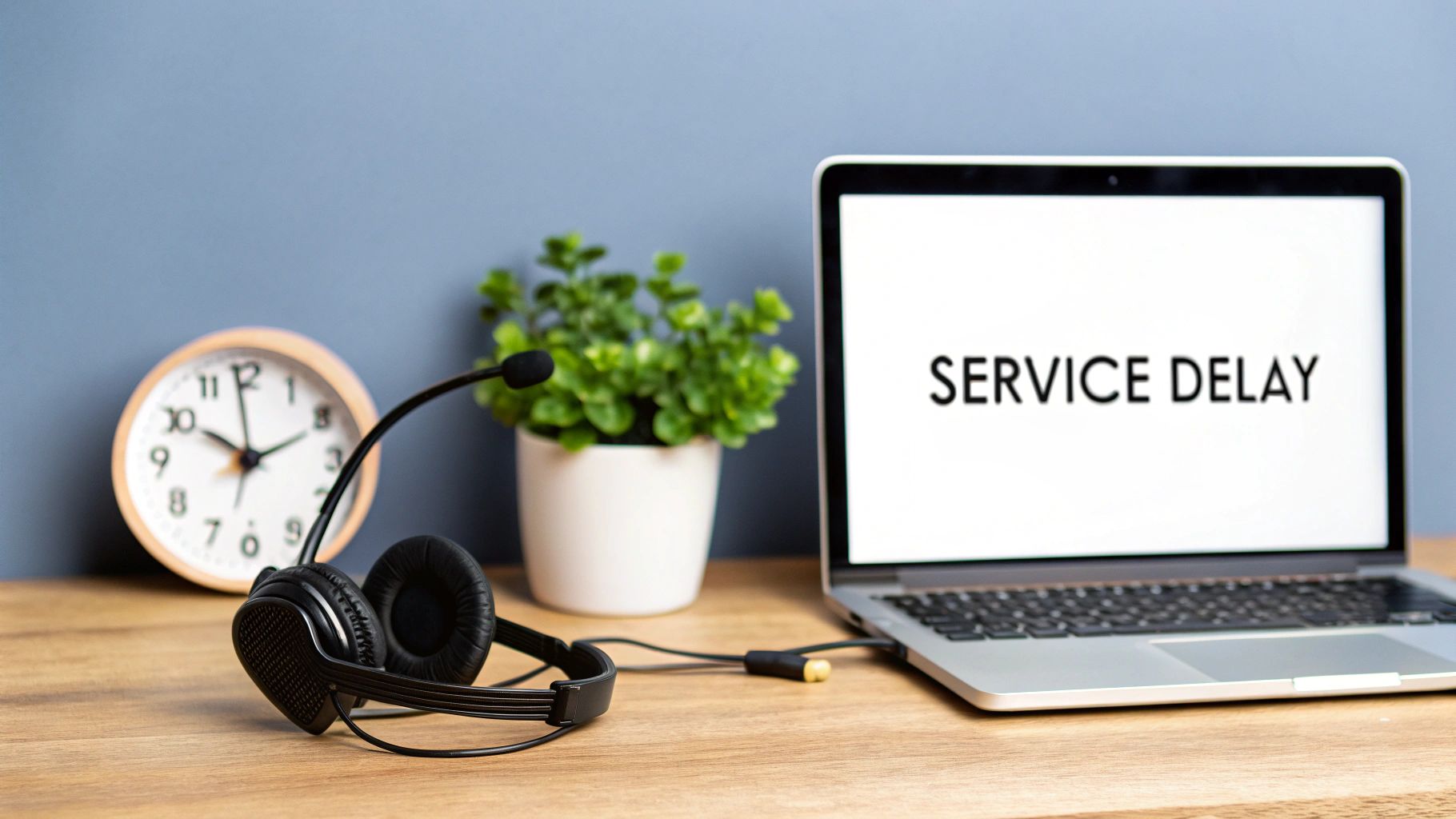 A headset, analog clock, and plant on a wooden desk, with a laptop displaying 'SERVICE DELAY'.