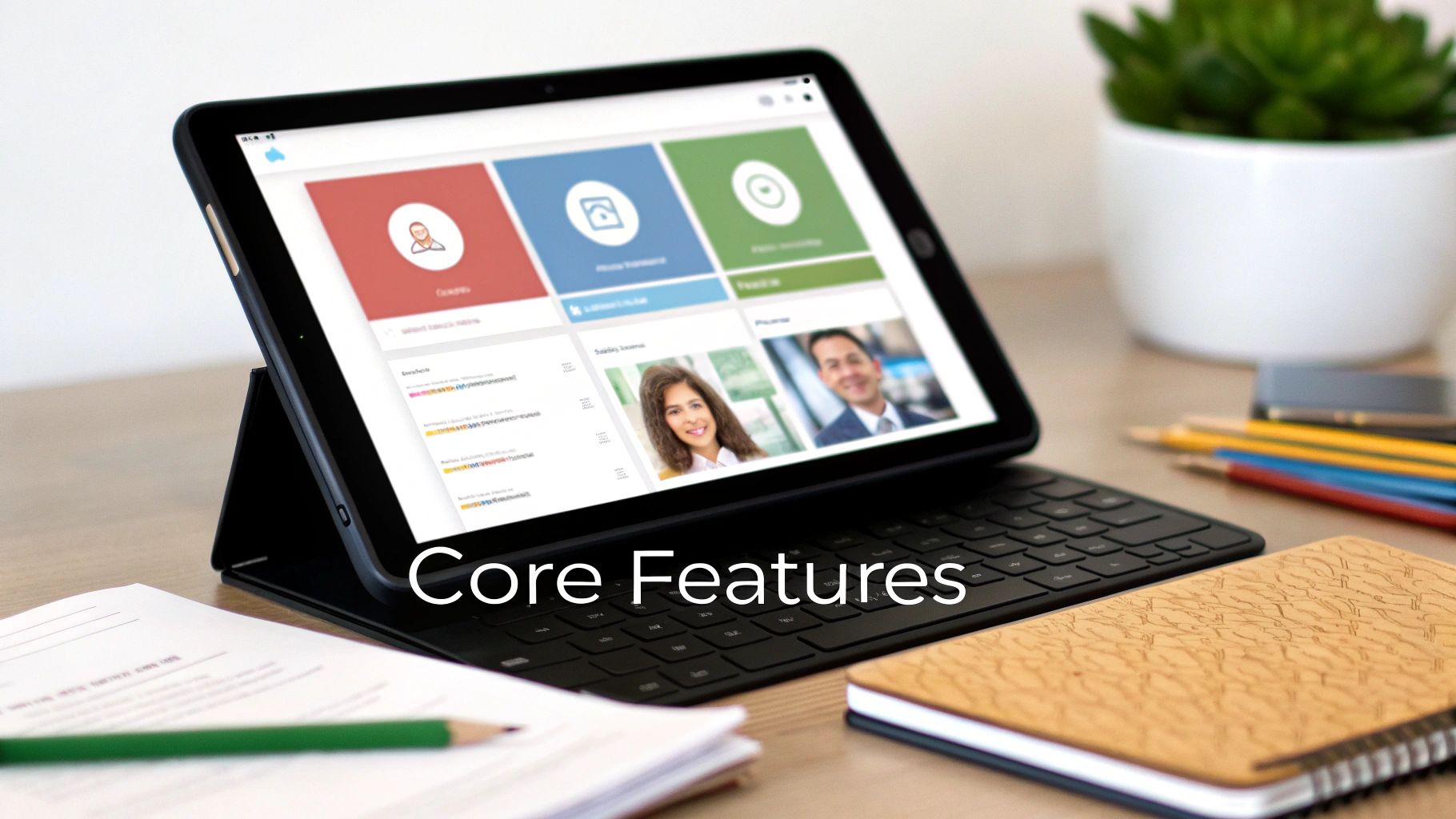 A tablet on a desk displays a CRM interface with 'Core Features' text and office supplies.