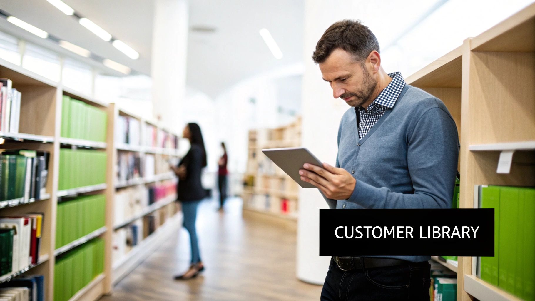 A man in a library uses a digital tablet while standing among bookshelves, with other patrons in the background.