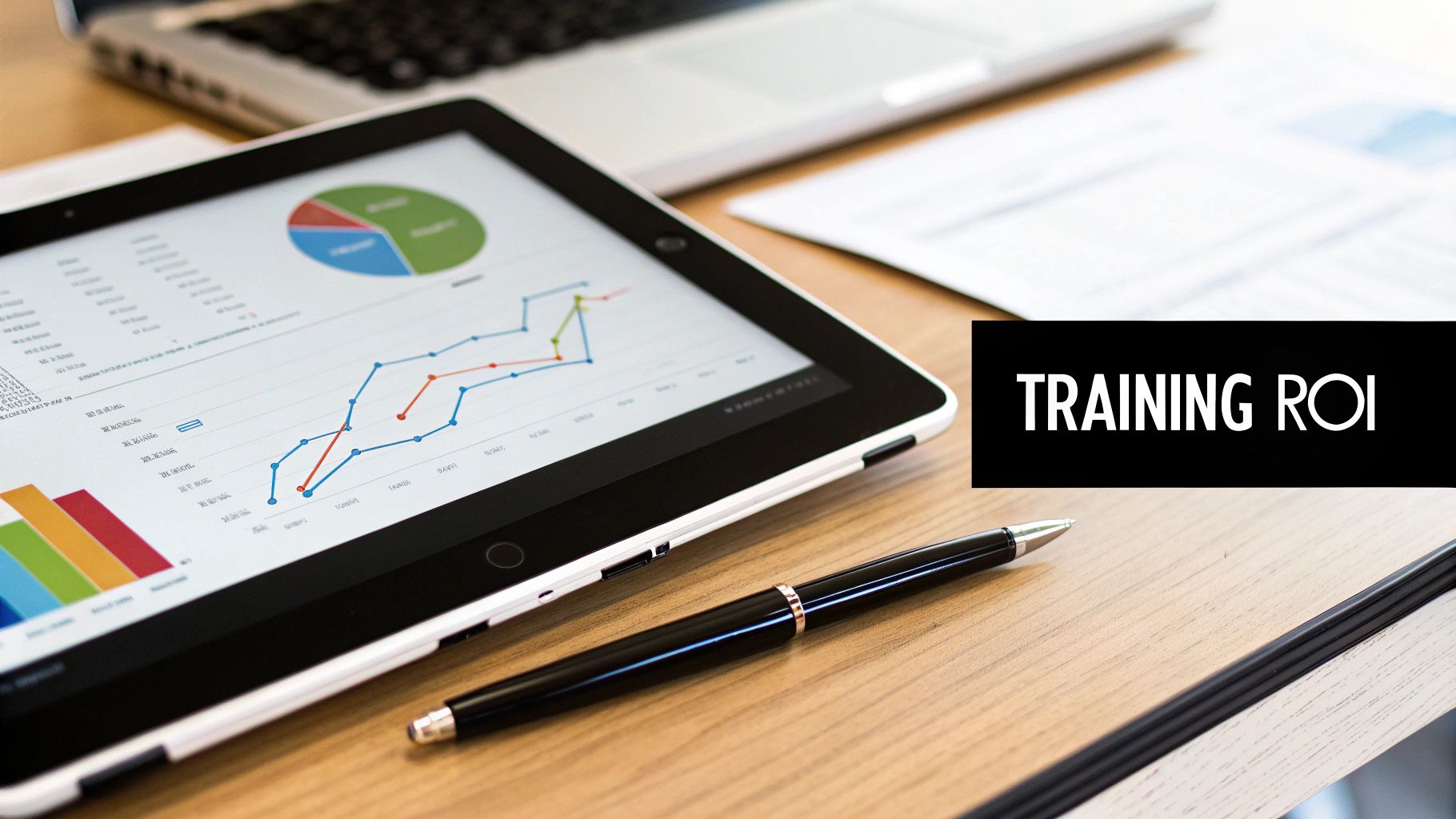 A tablet displays business charts and graphs with a pen and a laptop on a wooden desk, emphasizing training ROI.