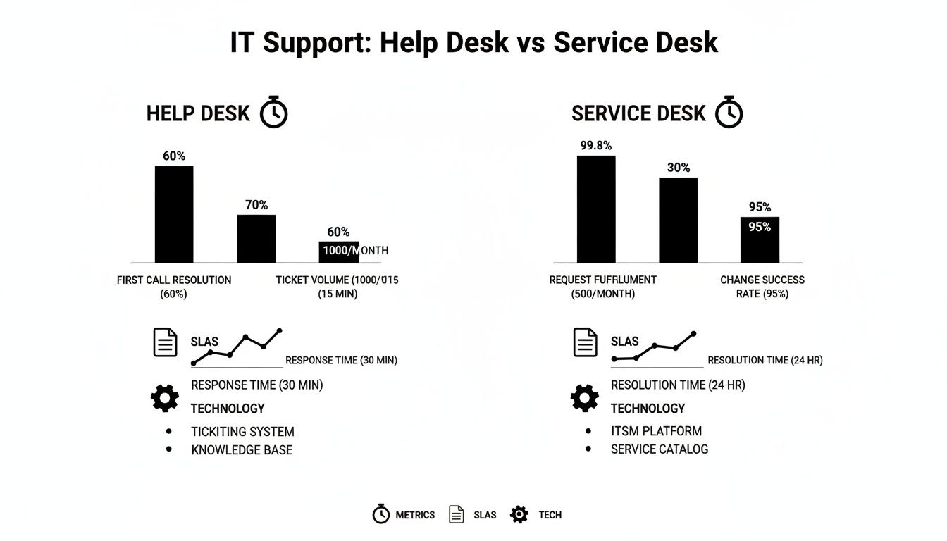 Infographic comparing Help Desk and Service Desk performance metrics, SLAs, and technology.