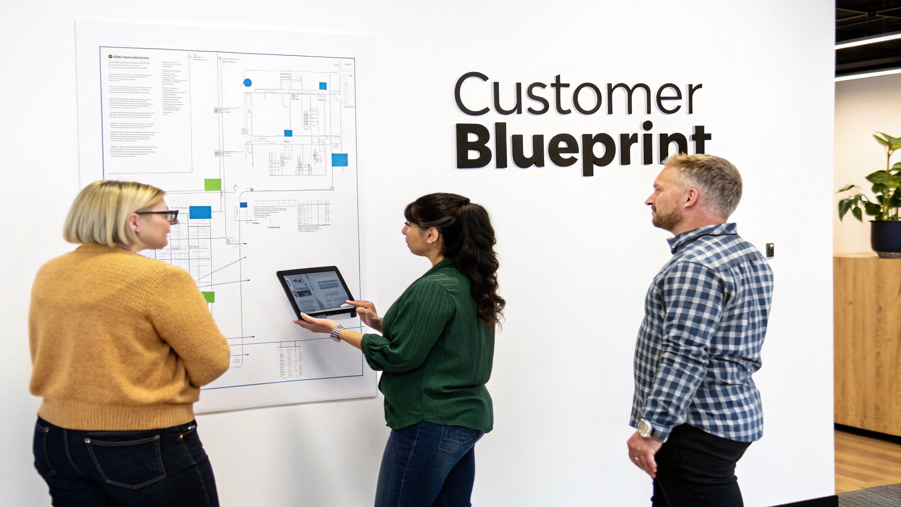 Three people reviewing a large "Customer Blueprint" diagram and a digital tablet in an office.