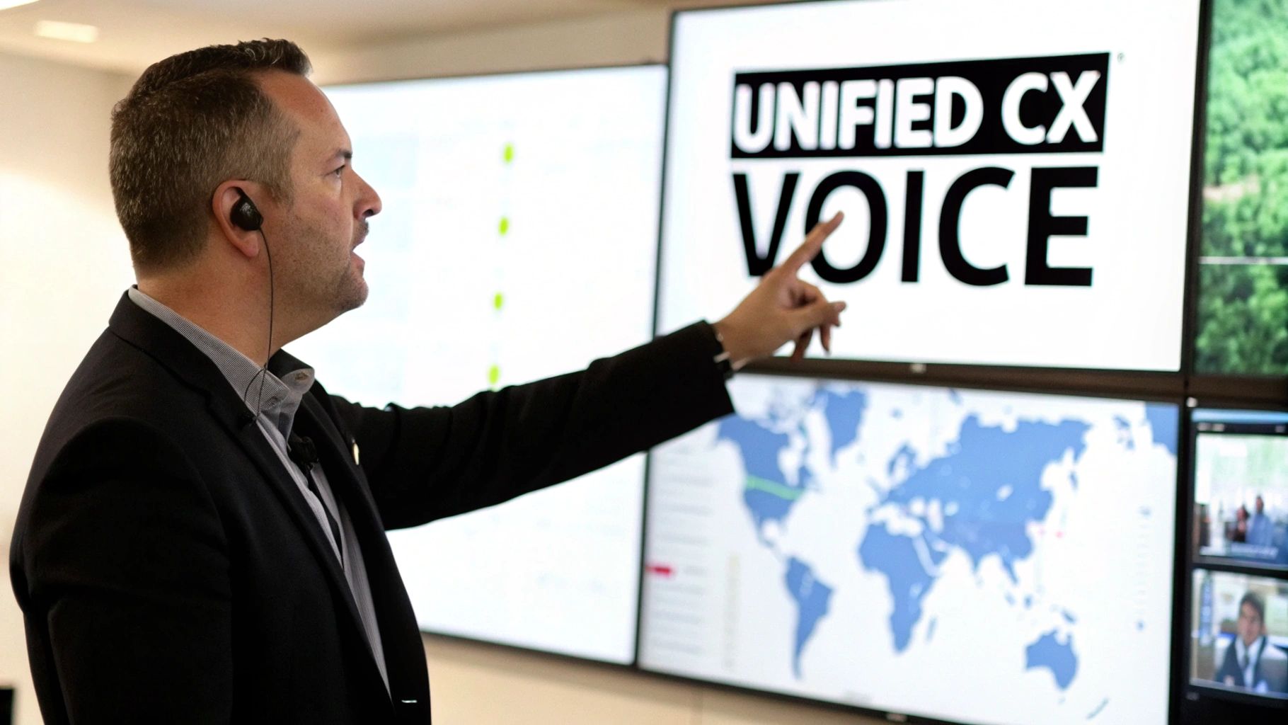 Professional man in suit pointing at large display with 'UNIFIED CX VOICE' text and world map.