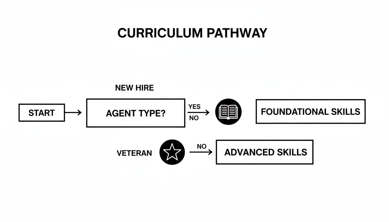 Flowchart depicting a curriculum pathway for agents, differentiating between new hires and veterans for skill development.
