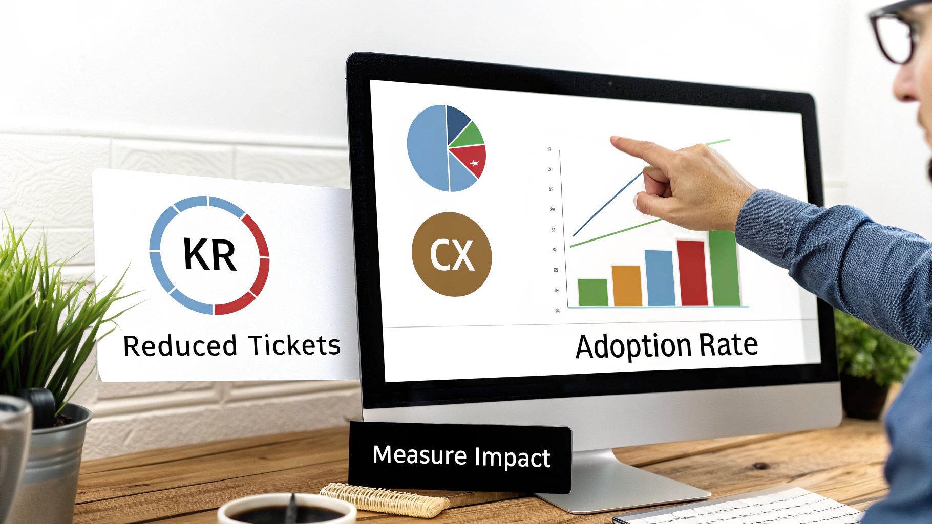 A professional analyzes business metrics on a monitor, showing adoption rate, CX, and reduced tickets, with 'Measure Impact' text.