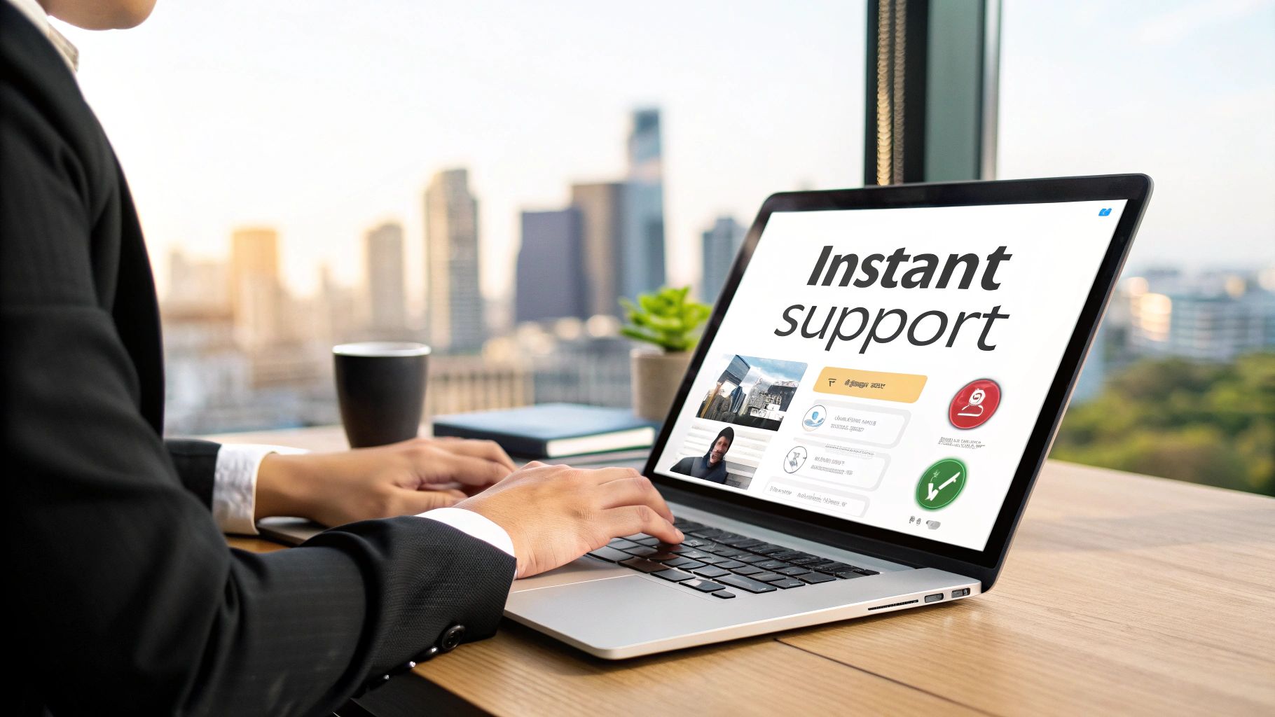Person in suit typing on a laptop displaying 'Instant support' with a city skyline in the background.