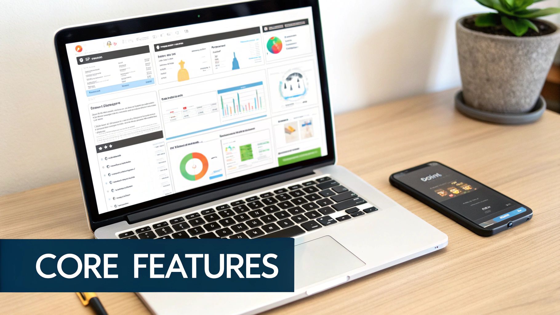 A laptop displays a data dashboard with various charts and graphs, next to a smartphone showing an app.