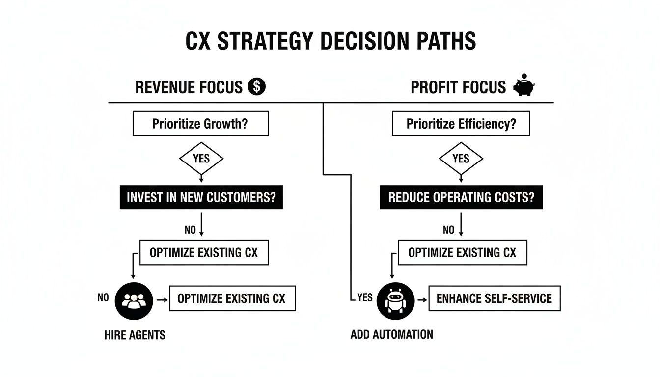 Flowchart detailing CX strategy paths for revenue growth (customer investment, optimize CX, hiring agents) and profit efficiency (cost reduction, automation).