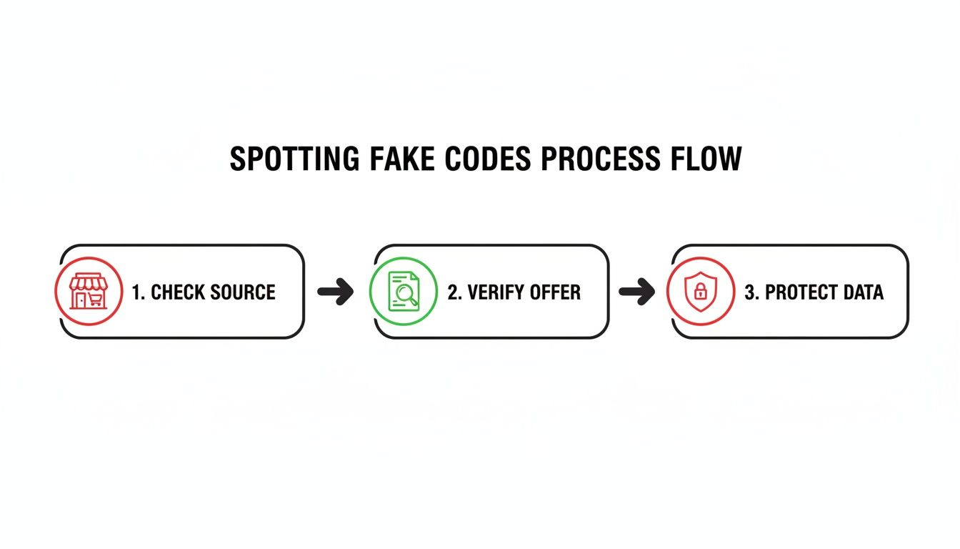 A process flow diagram outlines three steps for spotting fake codes: check source, verify offer, and protect data.