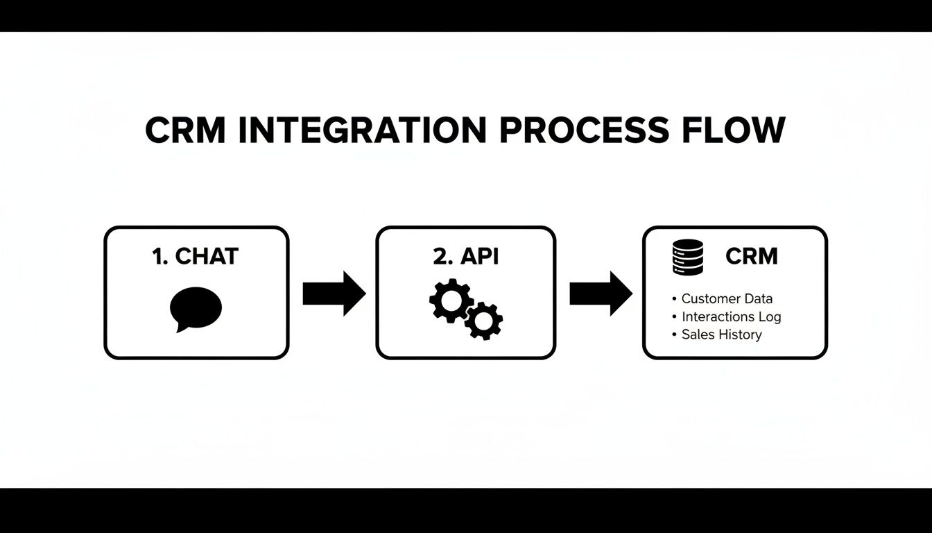A flowchart illustrates the CRM integration process flow from chat to API and finally to CRM.