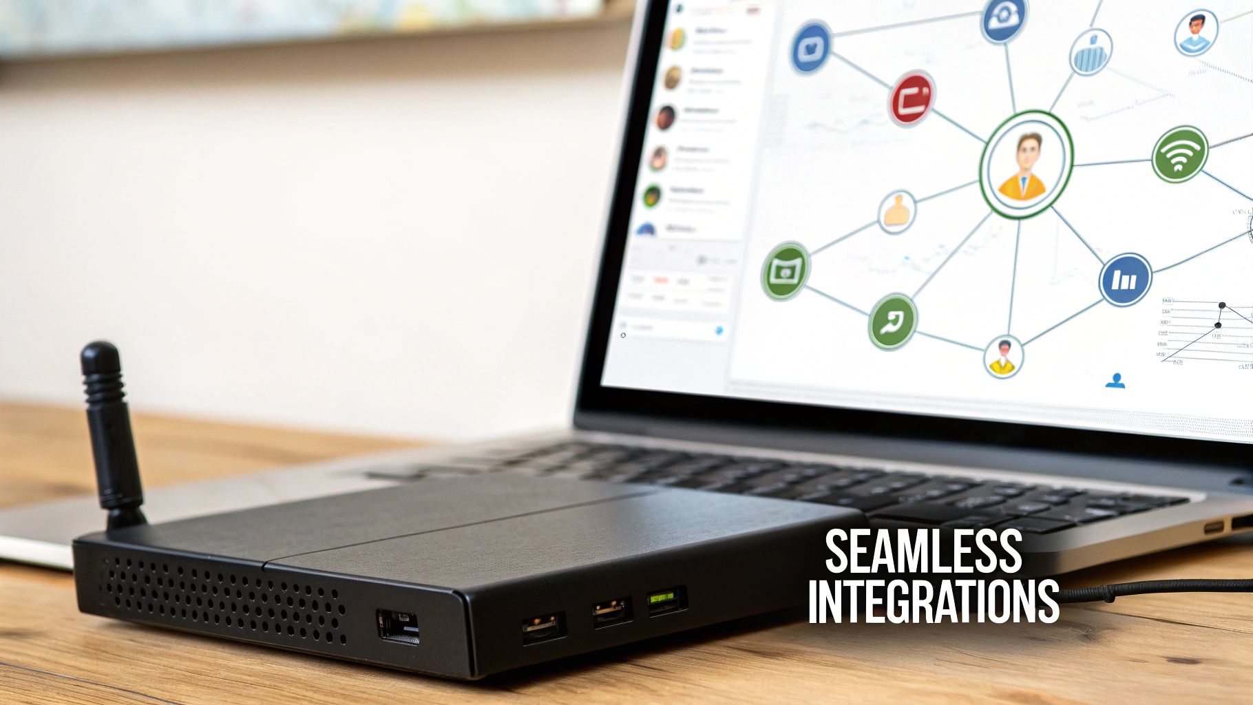 A black device with an antenna and USB ports sits beside a laptop showing a network integration diagram.