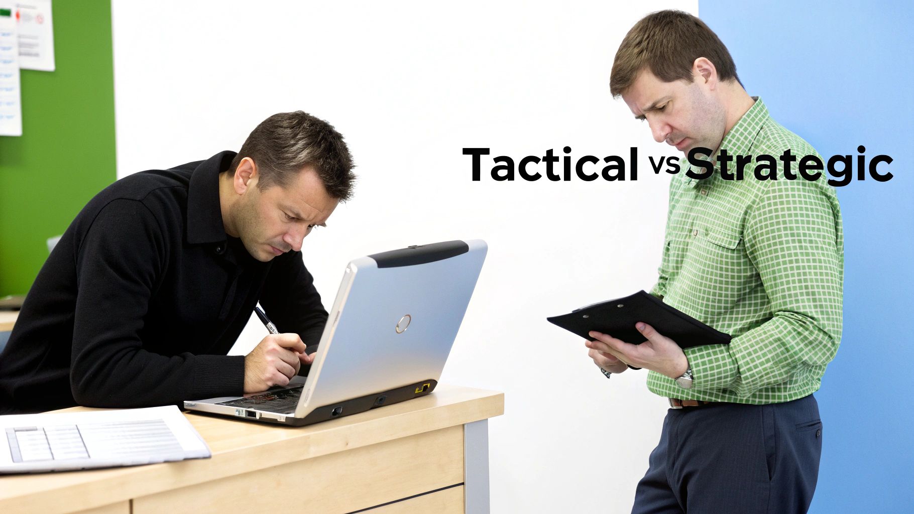 Two men, one working on a laptop, the other holding a clipboard, discussing tactical vs strategic.