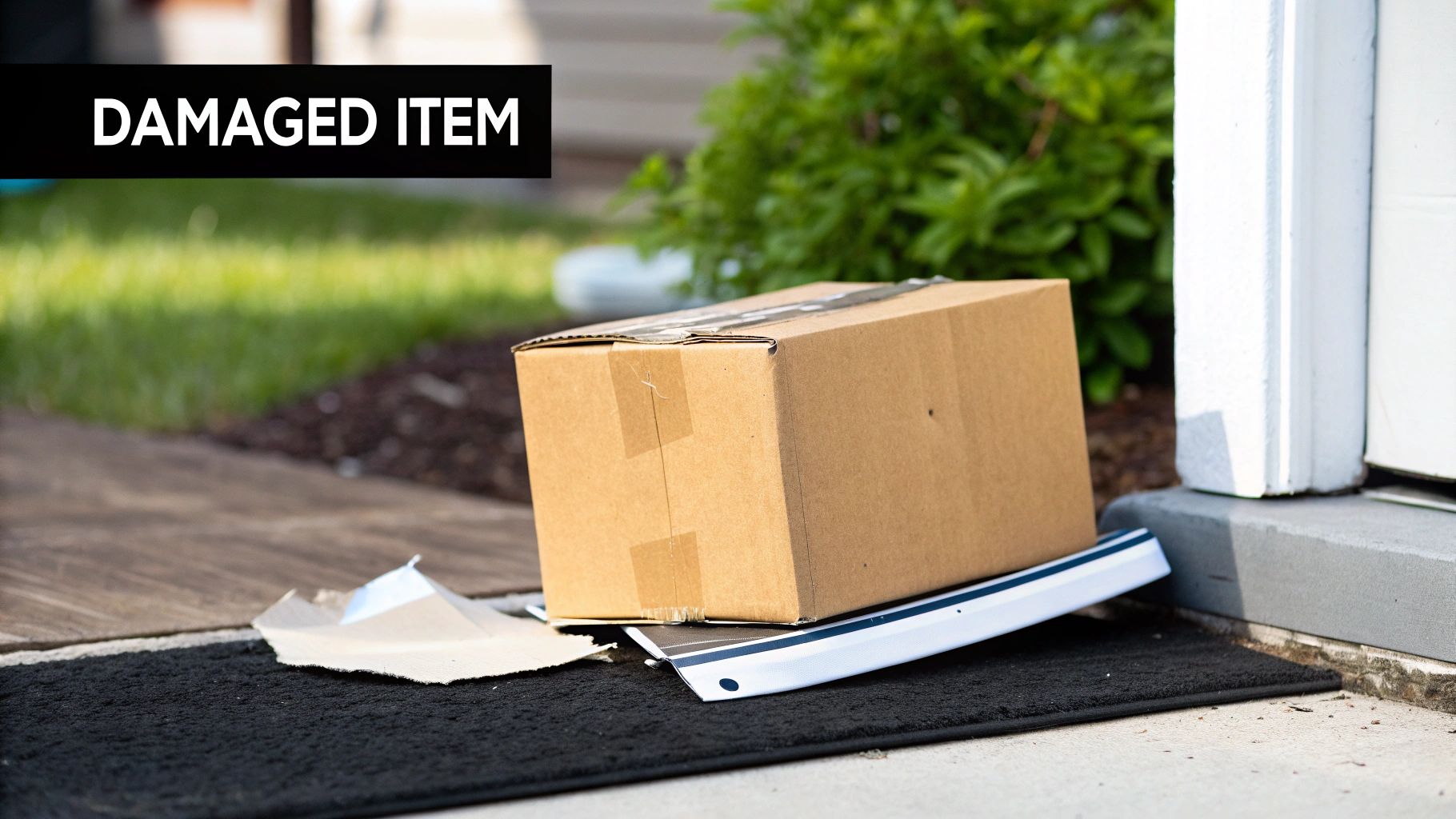 A brown cardboard box delivered to a doorstep, placed on a visibly damaged item with torn packaging.