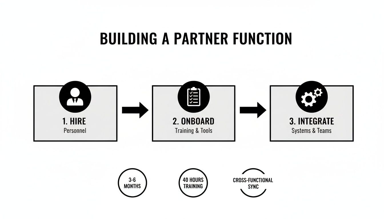 Diagram outlining the three-step process for building a partner function: Hire, Onboard, Integrate.